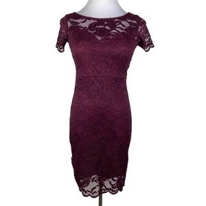 Ambiance Burgundy Wine Lace Stretch Dress Women's Small Scalloped Hem Lined‎